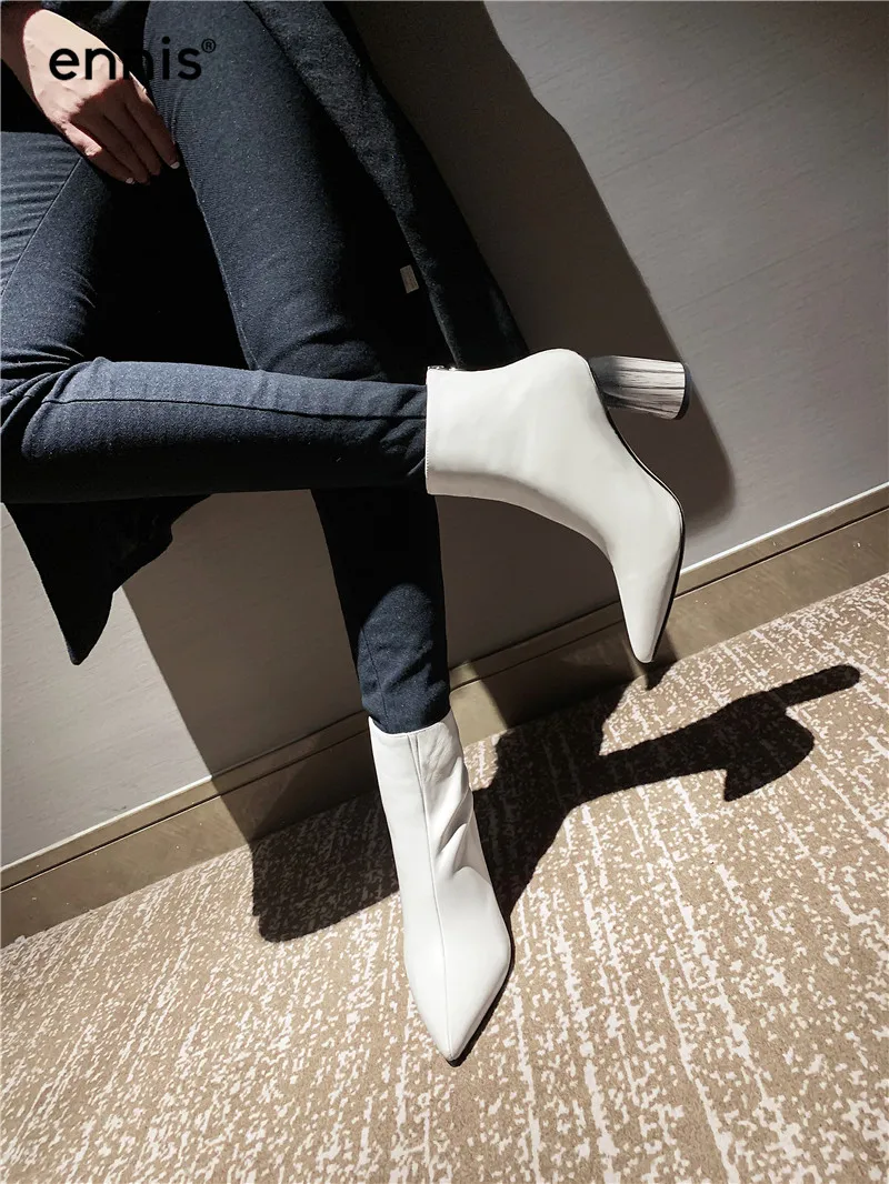 ENNIS Autumn Winter Women High Heel Boots Genuine Leather Pointed Boots Black Beige Designer Ankle Boots Ladies Shoes A9166