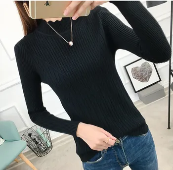

2019 Autumn Winter Women Turtleneck Knitted Black Sweater High Elastic Pullover Wave Collar Jumper Pull Femme Sweater Female