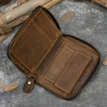 Portafoglio corto da uomo retrò Portafoglio vintage in pelle di mucca verticale sottile con cerniera maschile Porta carte di credito quadrato Porta soldi piccolo Portafoglio da donna