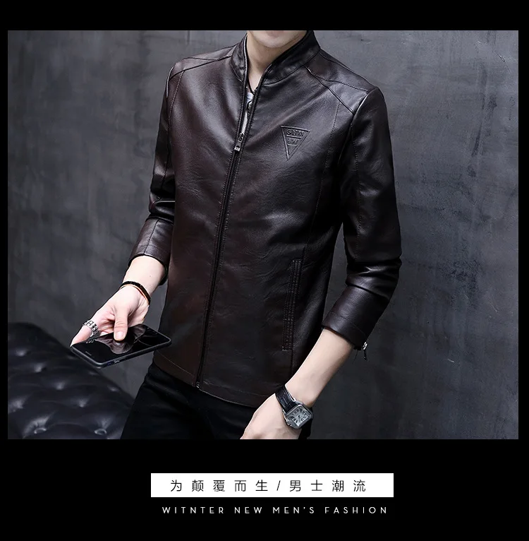 811 Autumn And Winter Hot Selling Locomotive MEN'S Leather Coat Stand Collar Embossed Design MEN'S Leather Jacket