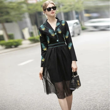 

Spring And Autumn New Vintage Black Slim Midi Dress Feather Embroidery Stitching Tulle Long Sleeve High Quality Party Dresses