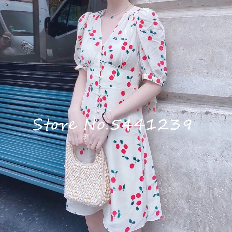 

2020New Sweet Cherry Print Silk Dress Fresh Summer Soft V Neck Mini Dress With Buttons
