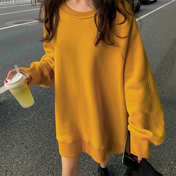 

Women Spring Long Sleeve Cotton Round Collar Long Hoodie Loose Plus Size Hoodies Brief Sweatshirt with Velvet Solid Color