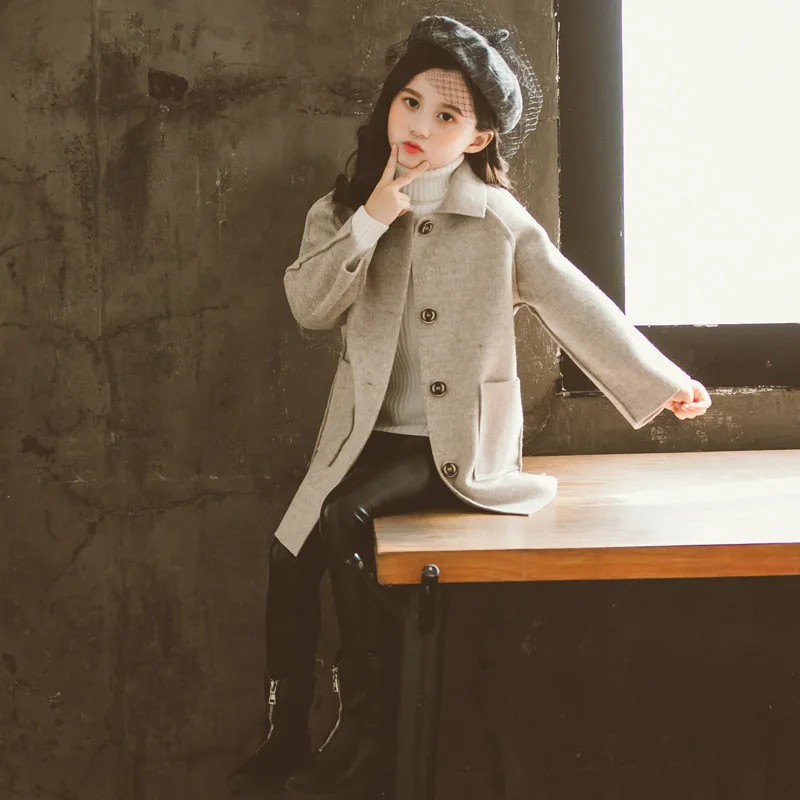 2021 grigio inverno autunno cappotto di lana ragazze bambini addensare capispalla adolescente Top Costume volant festa serale abbigliamento per bambini