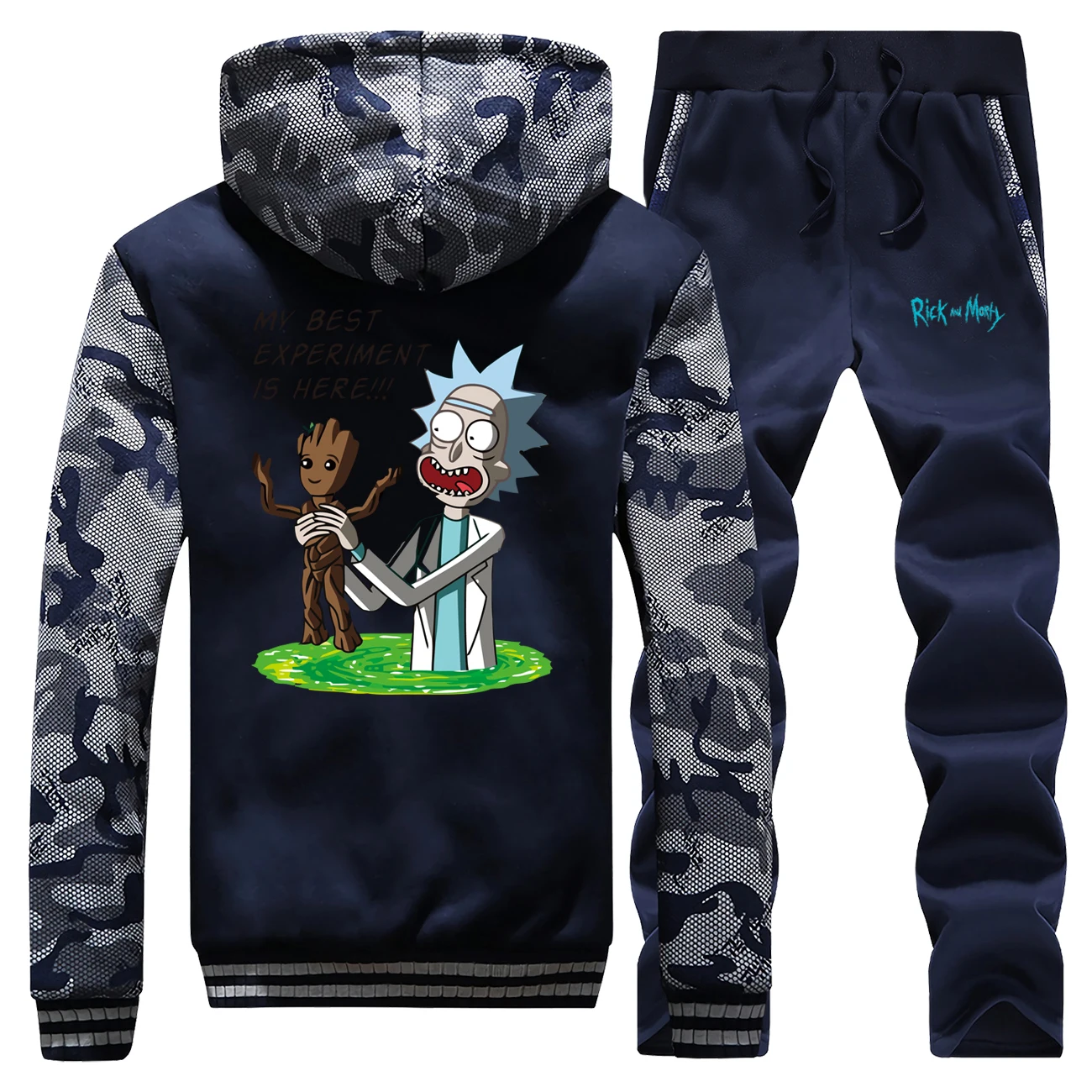 Милый молодой Groot Camo Мужской комплект Рик и Морти модные толстые куртки с капюшоном Зимние флисовые штаны толстовка теплая спортивная одежда
