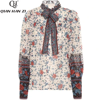 

Qian Han Zi 2020 spring summer designer fashion long sleeve womens tops and blouses Bow collar vintage Jacquard print shirt