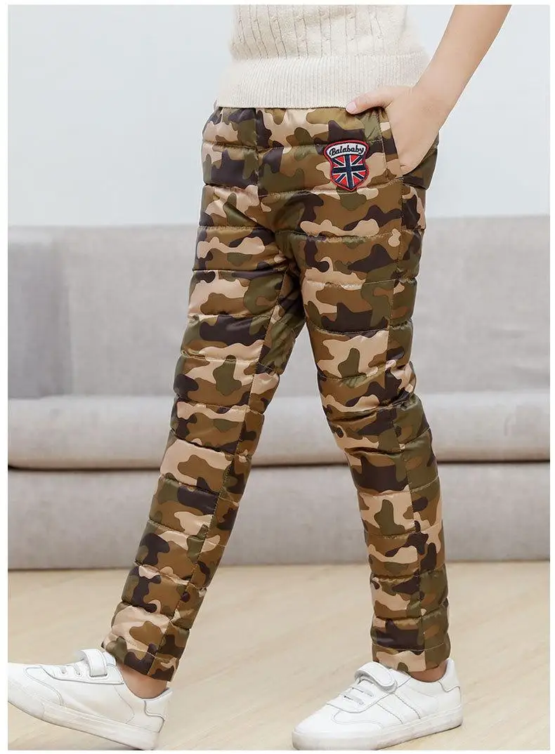 Детские Пуховые штаны, одежда для мальчиков, плотные теплые штаны с высокой талией, зимние Пуховые Хлопковые Штаны, одежда для маленьких девочек - Цвет: Camouflage