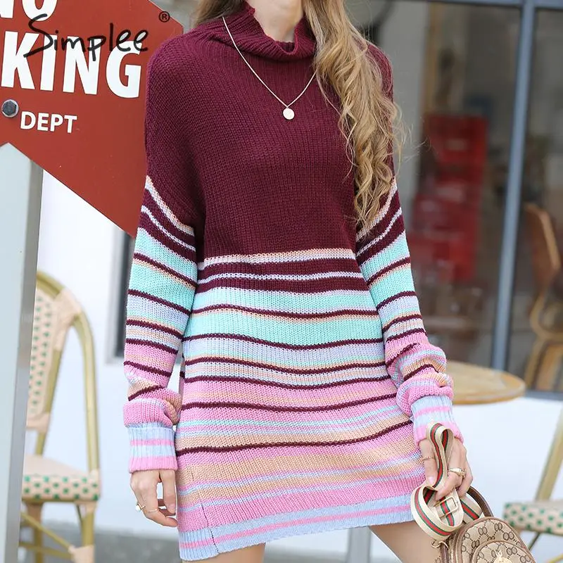 Simplee зимнее Полосатое платье-свитер женская уличная одежда водолазка