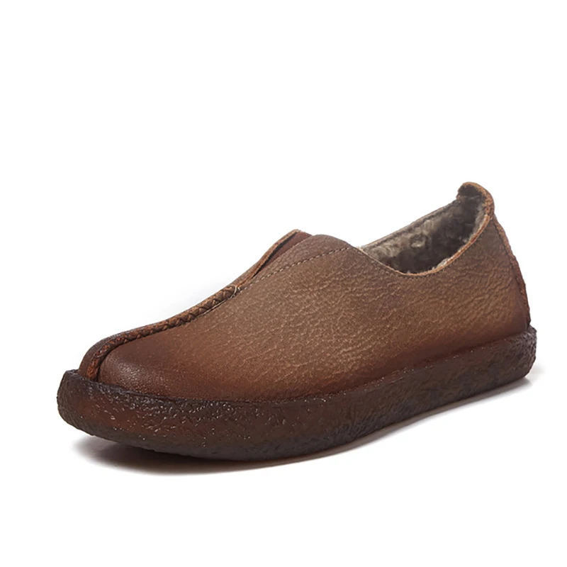 Leather soft bottom casual shoes leather set foot retro flat shoes new tendon bottom round spring and autumn women's shoes - Цвет: Khaki plus velvet