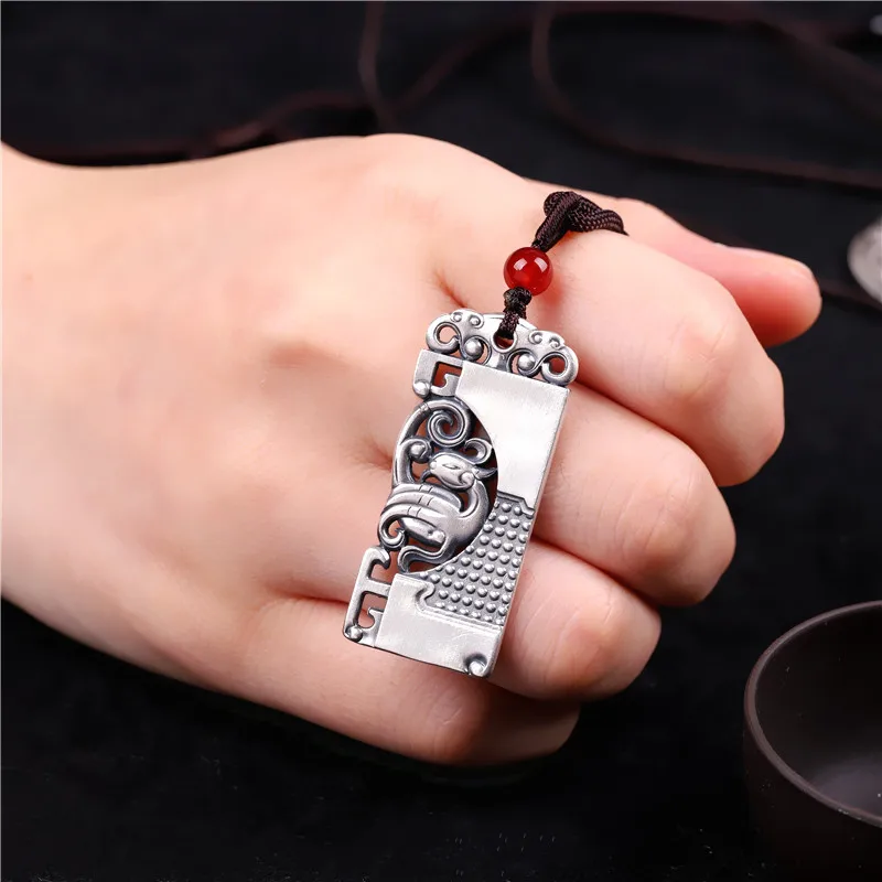 

Solid 999 Pure Silver Phoenix Pendants with Rope Unisex Square Necklace Vintage Ethnic Animal Totem Fine Silver Jewelry