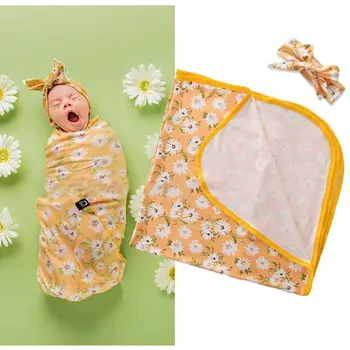 

2 Pcs/set Newborn Baby Blanket Floral Wrap Swaddle Blanket Hair Band Rabbit Ears Knotted Headband Wrapping Towel Set