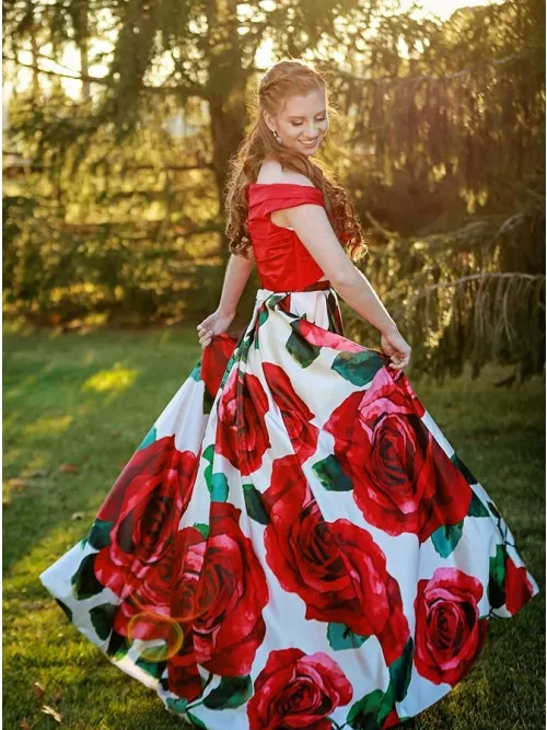 Two Piece Off the Shoulder A-Line Red Floral Print Prom Dress