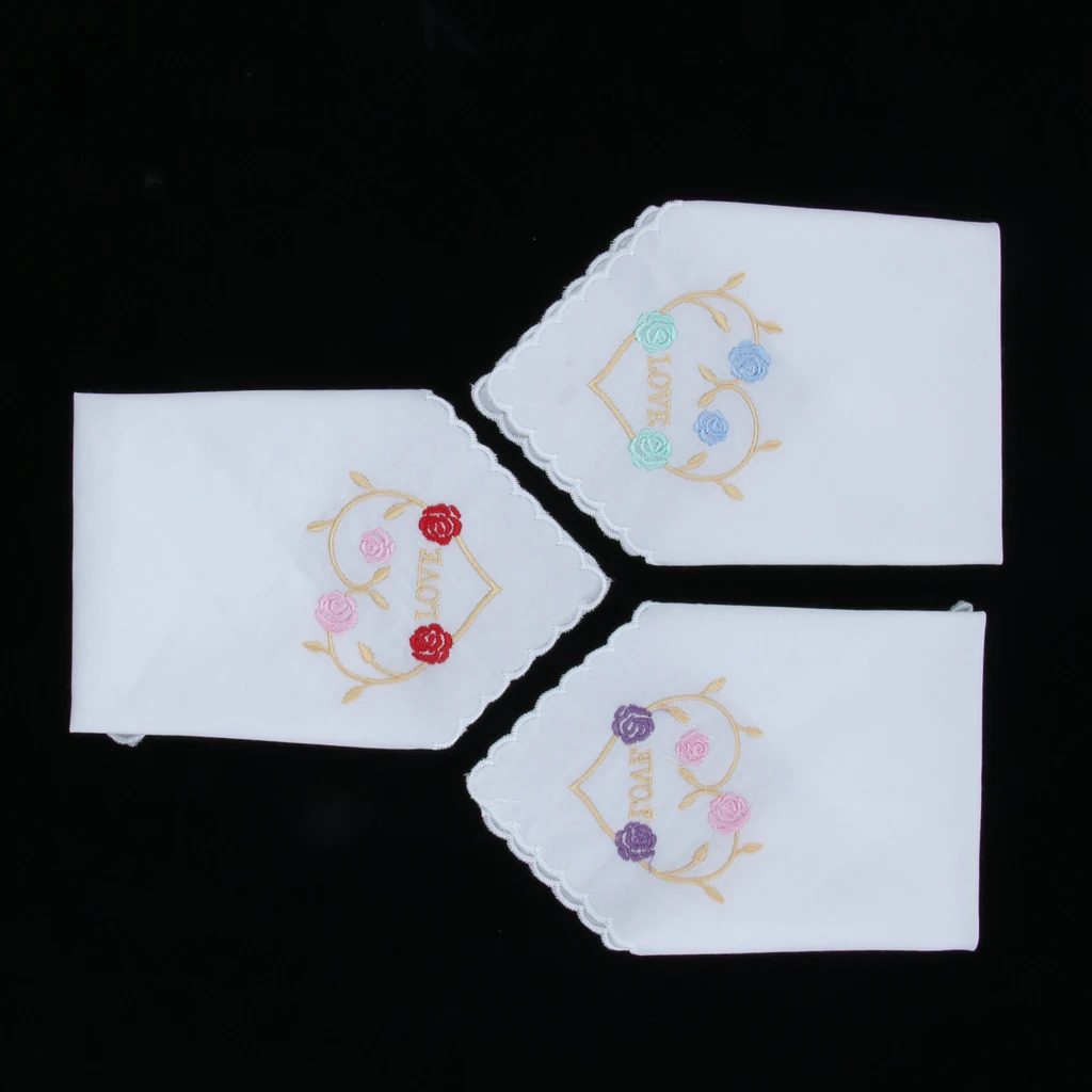 Ladies Ladies Cotton Heart Floral Embroidery Handkerchiefs Hanky ​​Set From 3