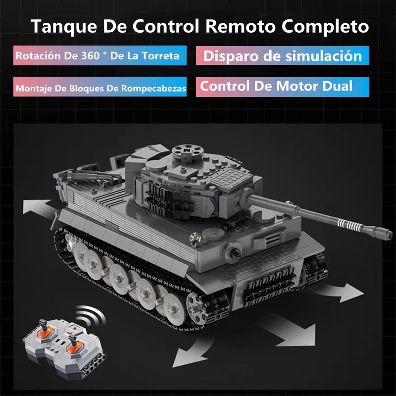 Tanque teledirigido de Montaje de bloques de rompecabezas, torreta de rotación de 360 grados, elevador de barril, Motor Dual, Control remoto integral, modelo de tanque Tiger, 1:35