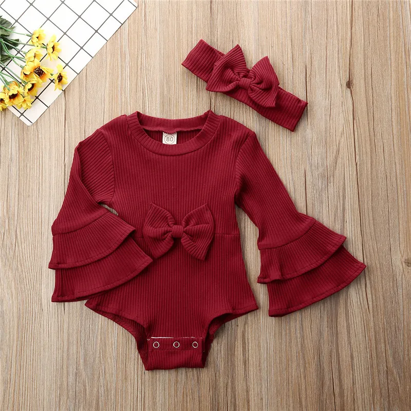 Комплект из 2 предметов; трикотажная одежда для новорожденных; Bebe; осенняя одежда для маленьких девочек; Вязаный комбинезон в полоску; комбинезон с бантом; яркие комбинезоны с длинными рукавами