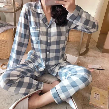 

2020 New Pajamas For Women Casual Print Pajamas Set Long Sleeve Turn-down Collar Sleepwear Cotton Summer Female Home Clothes