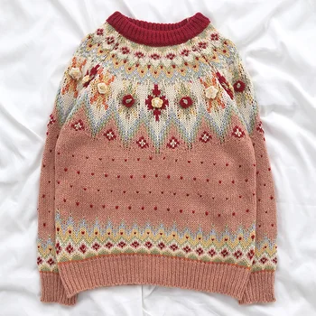 

Lazy wind loose o neck hit color flower sweet sweater women