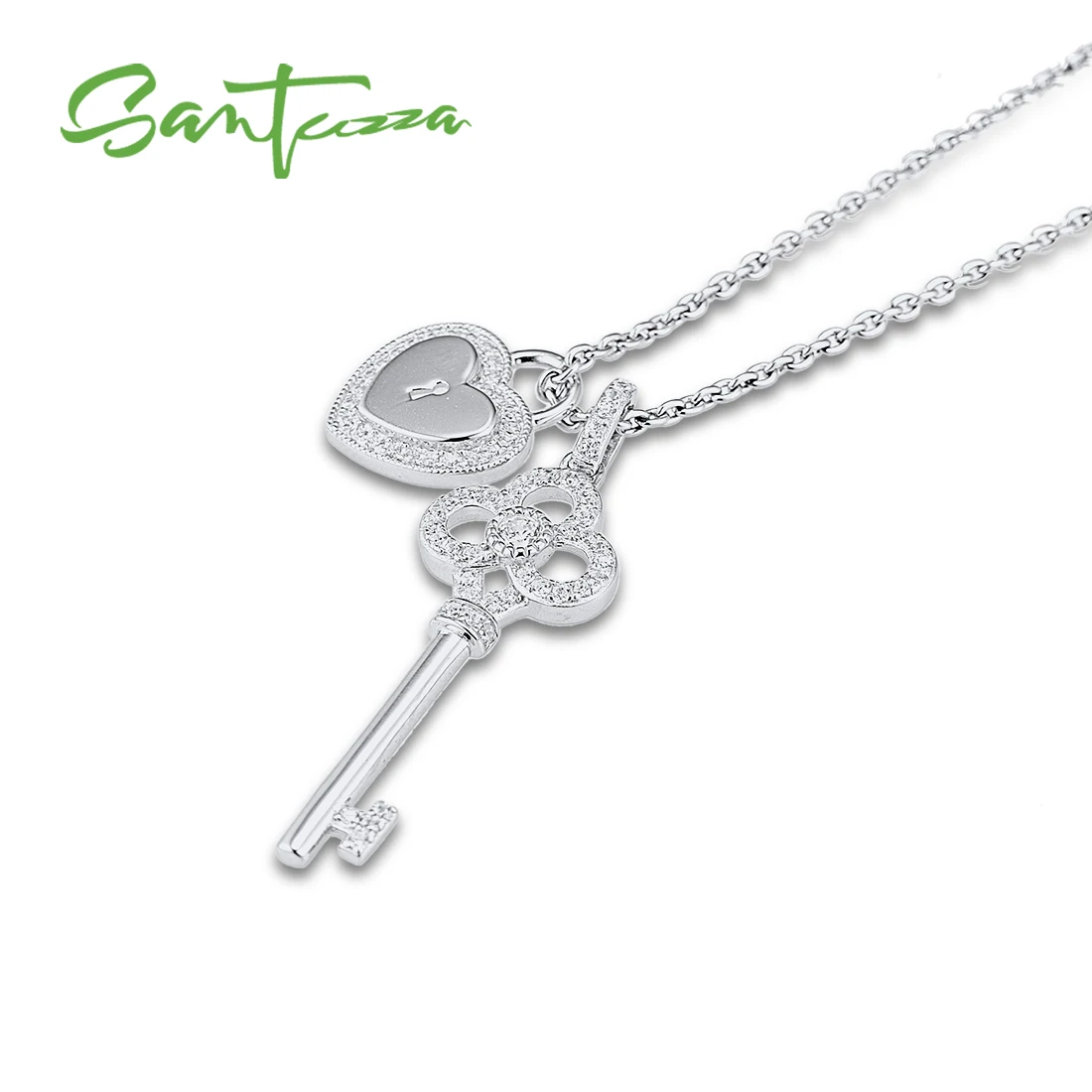 SANTUZZA 925 Sterling Silver Pendant for Women Fit for Necklace Key Heart Lock Romantic White Cubic Zirconia Trendy Fine Jewelry