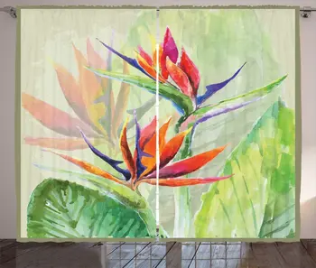 

Bird of Paradise Curtains Fine Art Style Painting Colorful Tropical Flora Print Living Room Bedroom Window Drapes Green Orange