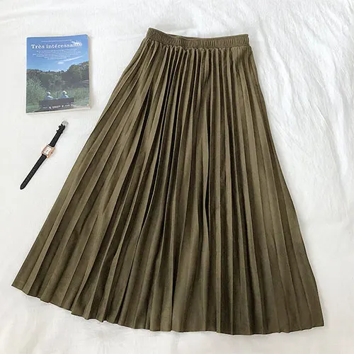 Женская длинная юбка из бархата TIGENA, трапециевидная плиссированная юбка свысокой талией для женщин - Цвет: Армейский зеленый