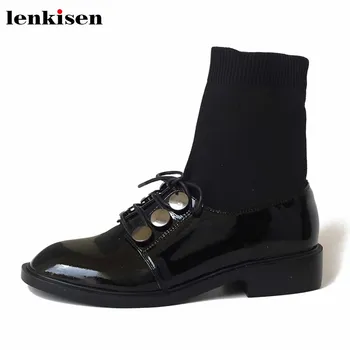 

Lenkisen metal decorations cow leather knitting socks boots round toe med heels winter women keep warm lace up ankle boots L72