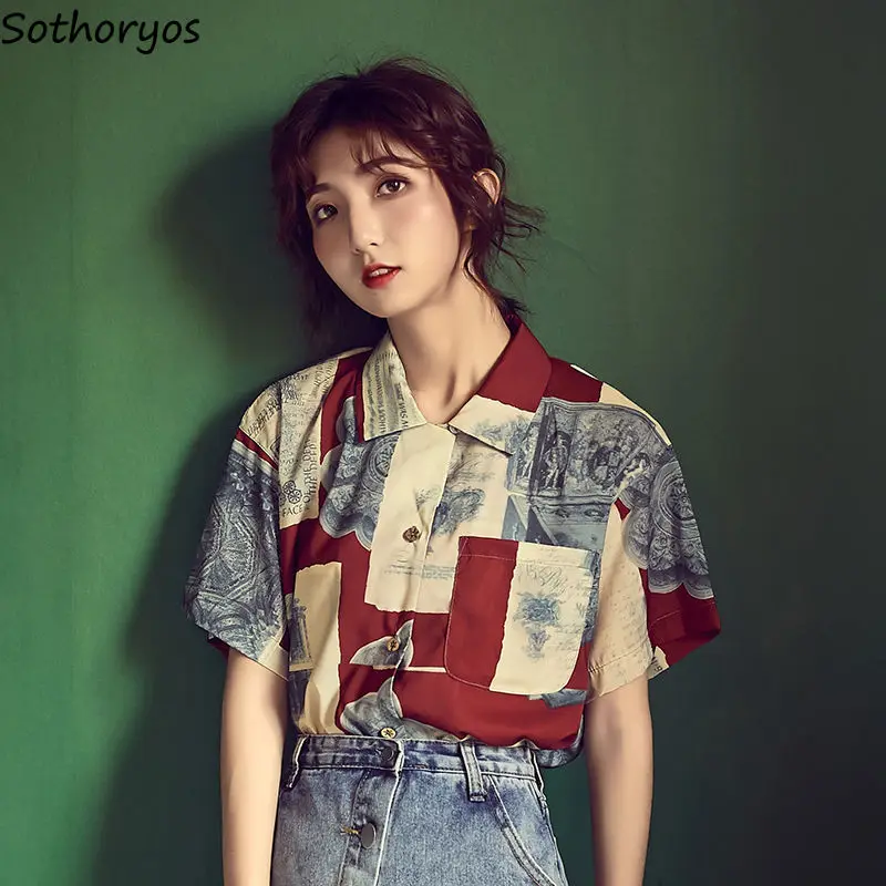 Blusas de manga corta con estampado para mujer, blusa holgada de una sola hilera de botones, Top clásico Retro elegante informal con solapa Vintage Ulzzang Chic