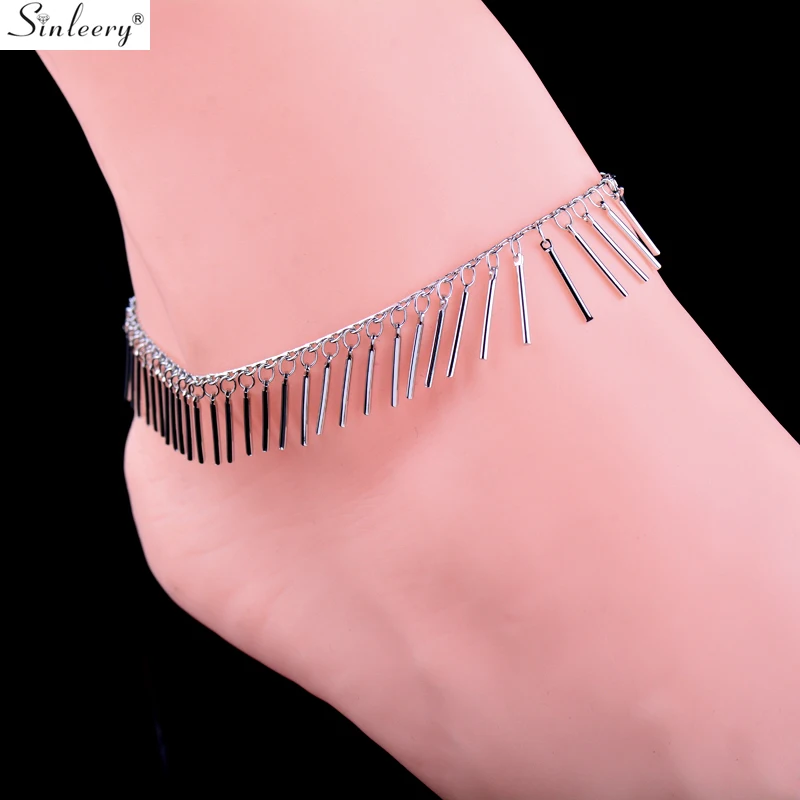

SINLEERY Bohemian Simple Tassel Adjustable Anklet Yellow Gold Silver Color Chain Ankles For Women Fashion Jewelry JL004 SSD