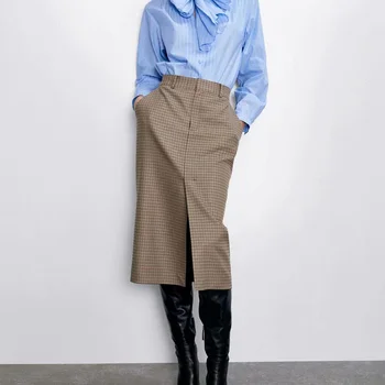 

Spring and autumn female casual plaid skirts slit skirt design