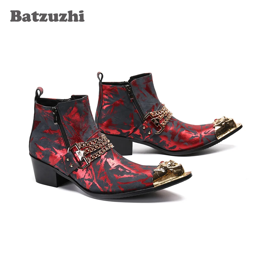 Batzuzhi Formal Leather Ankle Boots Men Punk Men's Boots Golden Pointed Metal Tip Wine Red Party and Wedding Motorcycle Boot Men