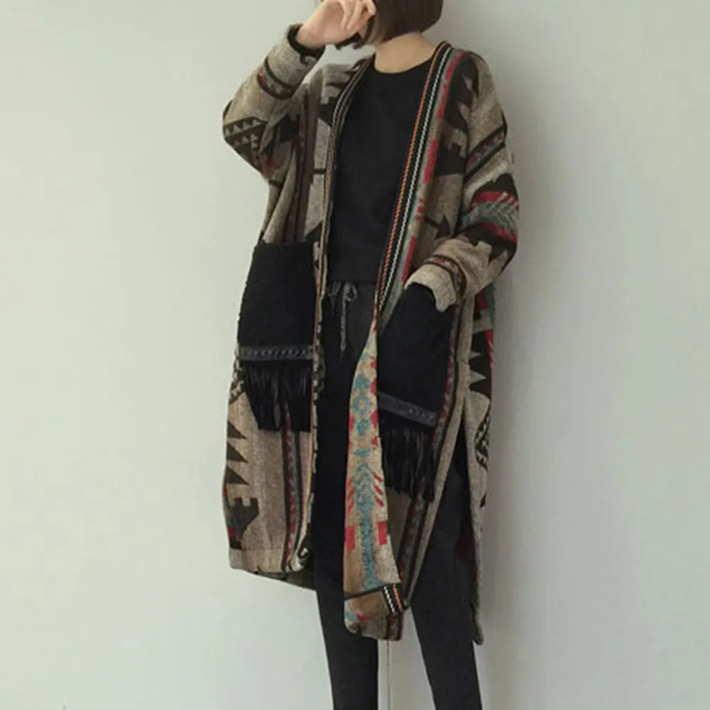 

Winter Warmness Long Wool Coat Women Korean Elegant Ladies Boho Tassel Blends Knitted Sweater Cardigan Overcoat Autumn Outwear