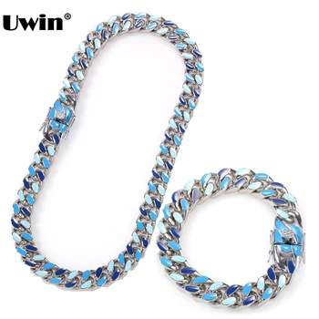 

UWIN Hiphop Jewelry 12mm Triple Blue Colors Ne&BA Set for Men Stainless Steel Cuban Chain 8'' and 18'' Bracelet Necklace Jewelry