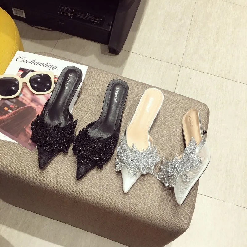 

SWYIVY Summer Women Slippers Pointed Toe Butterfly Knot Half Slippers Sandals Crystal Slippers Pumps Breathable Mesh Mules Shoes