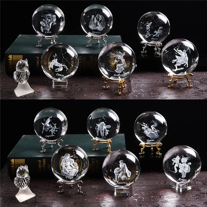 80 MM Laser Engraved Zodiac Signs Crystal Ball 3D Miniature Crafts