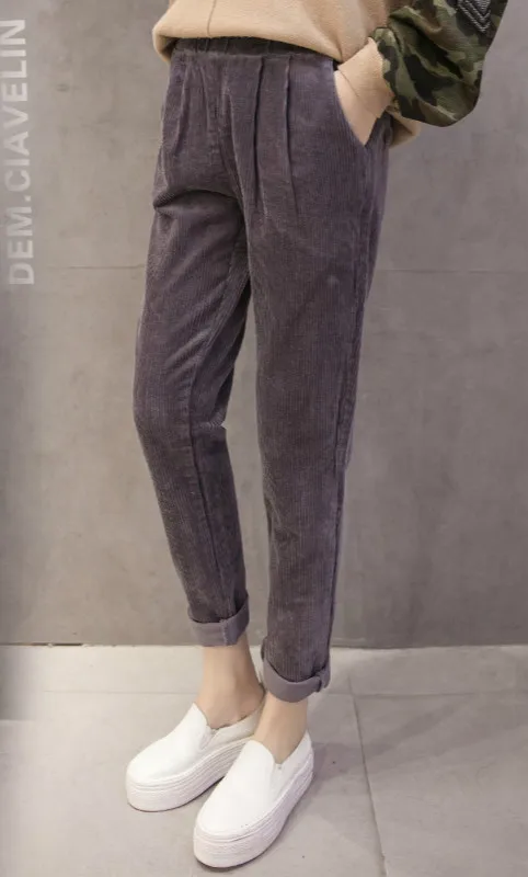 Dark Gray Хаучжоу женские брюки зимние вельветовые брюки средняя эластичная талия размера плюс черные брюки женские корейские шаровары длиной до лодыжки - Цвет: Dark Gray