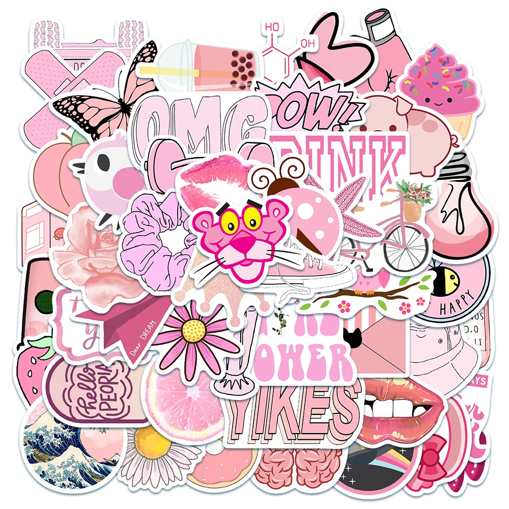 Adesivos fofos rosa de desenho animado para menina, conjunto de 50,  impermeável e resistente a Uv, perfeito para todos os seus gadgets