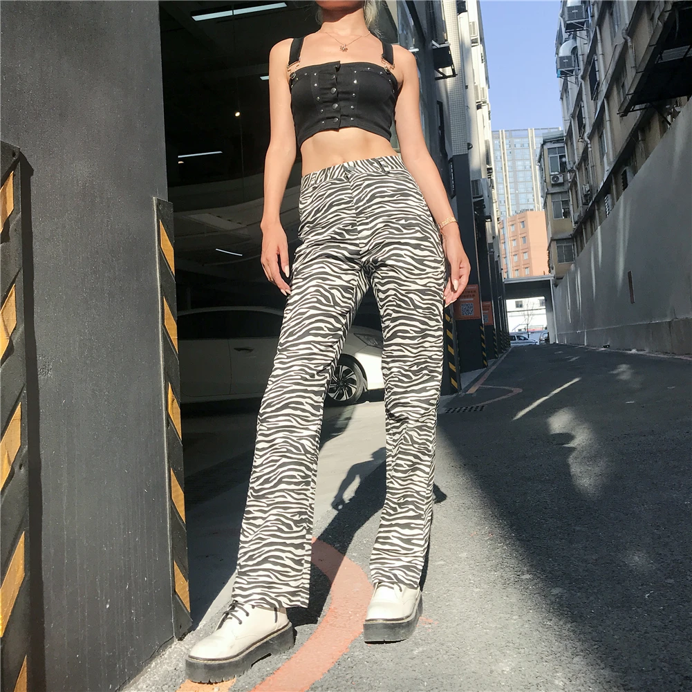 Pantalones con patrón de cebra para mujer, pantalones Capris de cintura alta Harajuku, pantalones de señora informales para fiesta, ropa de calle
