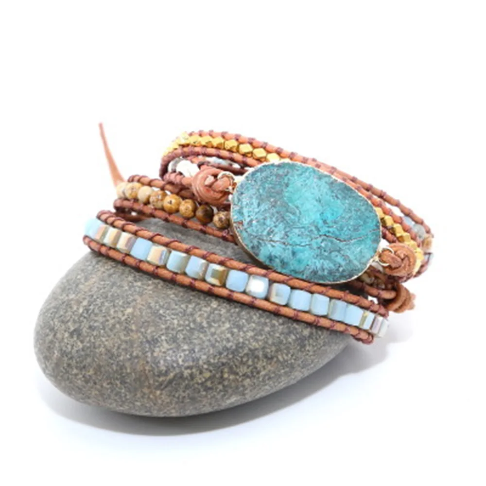 

Vintage Natural Ocean Stone Bracelet Mens Boho Jewelry Rope Chain 2019 Semi-precious Stone Men Bracelet Gifts for Men