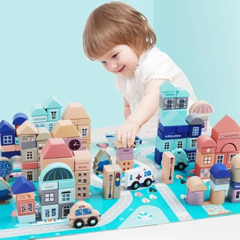 

Wooden Building Blocks Set Construction Toys for Toddlers Cognition Creativity Hardwood Stack Toys with Play Mat Puzzle