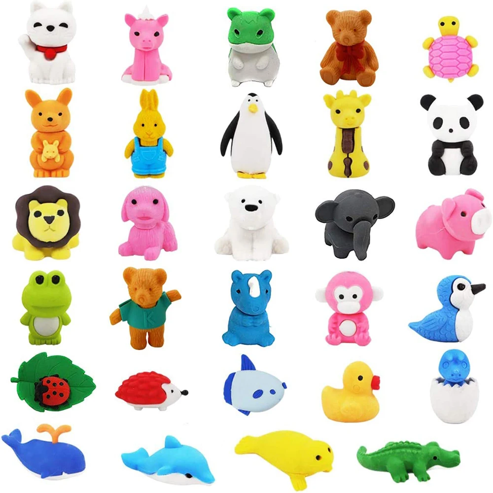 10Pcs Cute Animal Shaped Erasers Cartoon Design Eraser Stationery Collections 