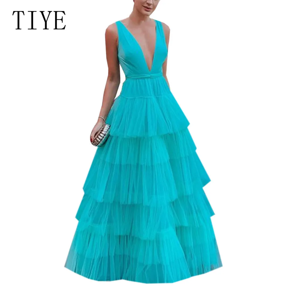 

TIYE Summer Women's New Temperament Layer Mesh Maxi Dress Sexy Deep V-neck Hollow Out Cake Dress Vacation Birthday Party Wear