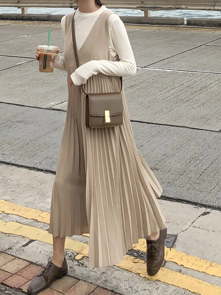 

Hem Pleated Joint Chiffon Dress Women's Spring Mid-length V-neck Sleeveless Vest Skirt Base Skirt