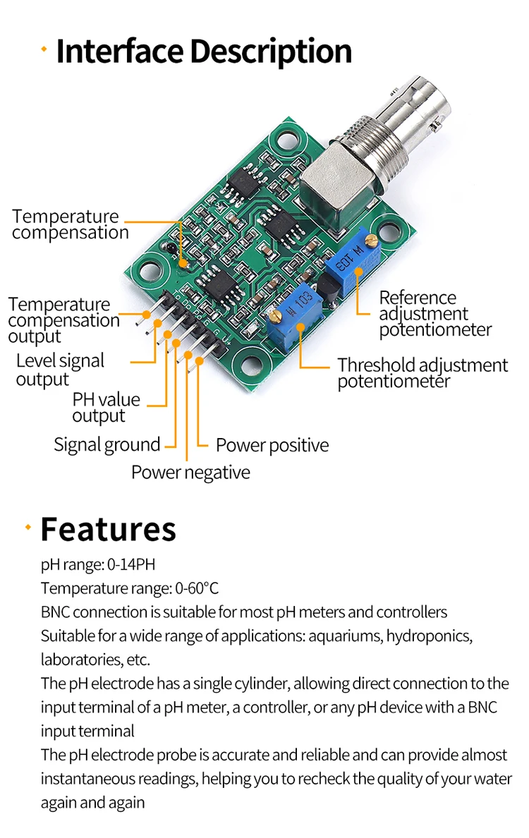 Analog pH Sensor / Meter Kit - Liquid PH 0-14 Value Detection Regulator Sensor Module Monitoring Control Meter Tester + BNC PH Electrode Probe For Arduino