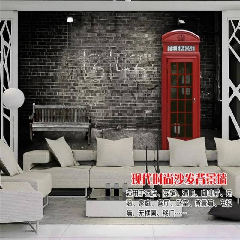 Retro British Industrial Style Red Telephone Booth Brick Wallpaper 