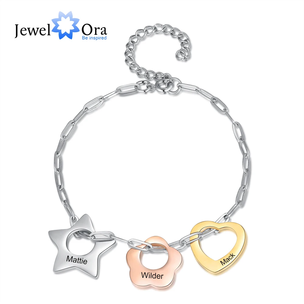 

JewelOra Designer Personalized Engraving Name Link Chain Bracelet Custom 3 Colors Star Flower Heart Charm Bracelets Gift for Her