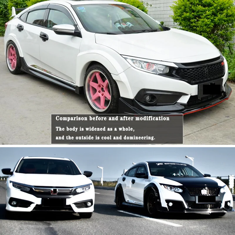 Автомобильный стиль подходит для- Honda Civic 10TH Gen TR передняя губа+ боковые юбки+ крыло вспышки комплект авто аксессуары