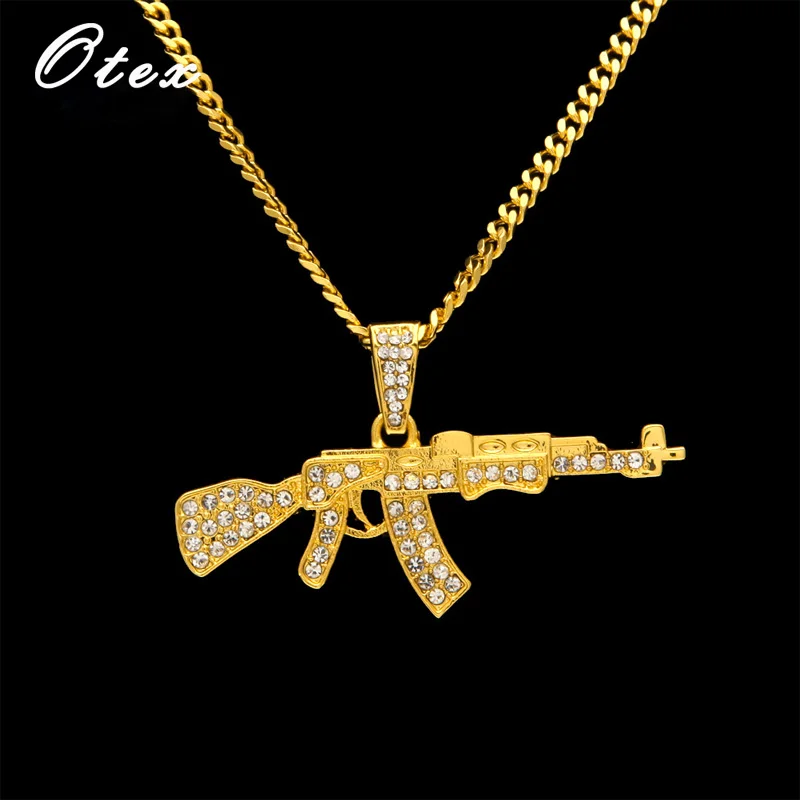 

Men's Hip hop AK47 pendant necklaces Cuban chain with crystal mini Tom gun ASG rifle Rock Gold Silver choker Jewelry For Women