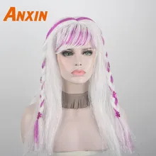 Anxin длинный прямой фиолетовый белый конский хвост коса принцесса синтетический парик для женщин маленьких девочек косплей Вечерние