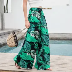 2019 женские летние повседневные богемные широкие брюки с принтом в стиле ретро, широкие брюки с высокой талией, юбки, пляжные праздничные