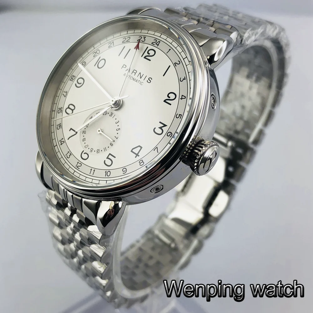 Parnis 42 мм Серебряный чехол GMT арабский знак Дата Окно твердые нержавеющая сталь мужские топ бизнес автоматические механические часы