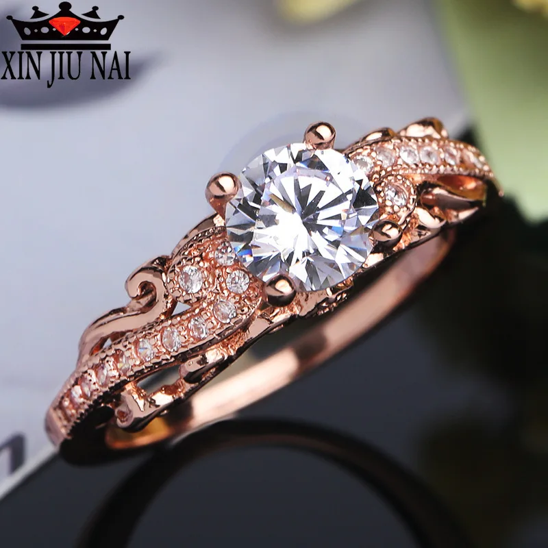 Elegant Retro Rose Gold Color Rings Four Claw Solitaire Cz Crystal Forever Wedding Ring Jewelry For Women Bands 6-10 | Украшения и